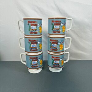 Maxwell House Coffee Mugs Set of 6 Vintage Pedestal Blue‎ 1980s Collectible